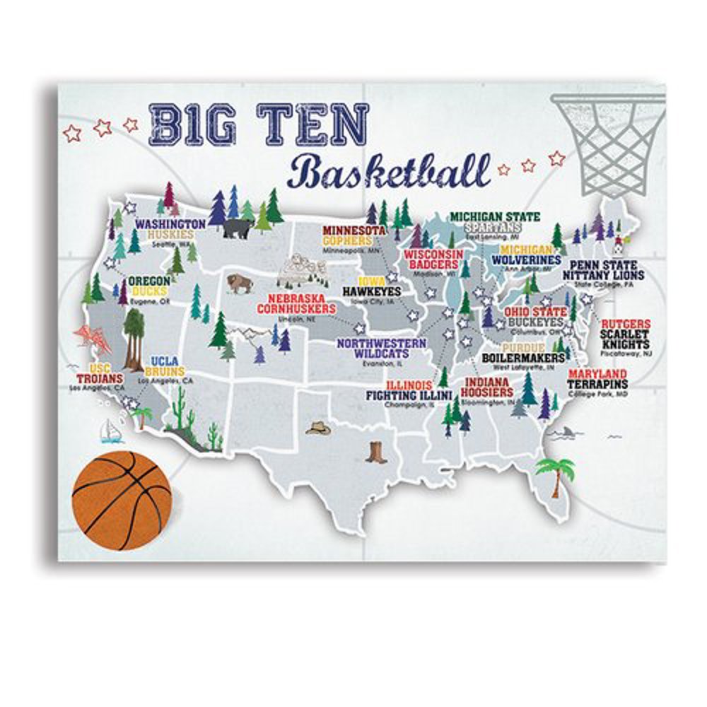 College Basketball Stadium Maps with Travel Pins |  8x10, 11x14 OR 16x20 Canvas