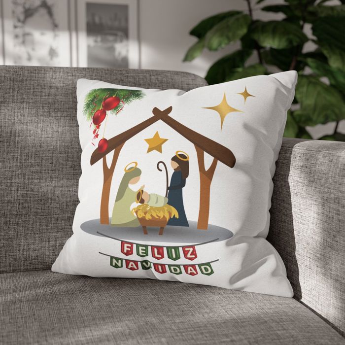 Feliz Navidad printed Nativity Square Pillow cover