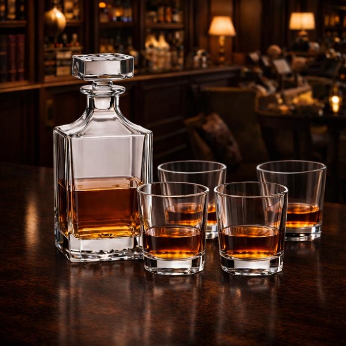 Personalized Whiskey Decanter Set | Custom Engraved Square Decanter with 4 Rocks Glasses | Valentine's Day Gift