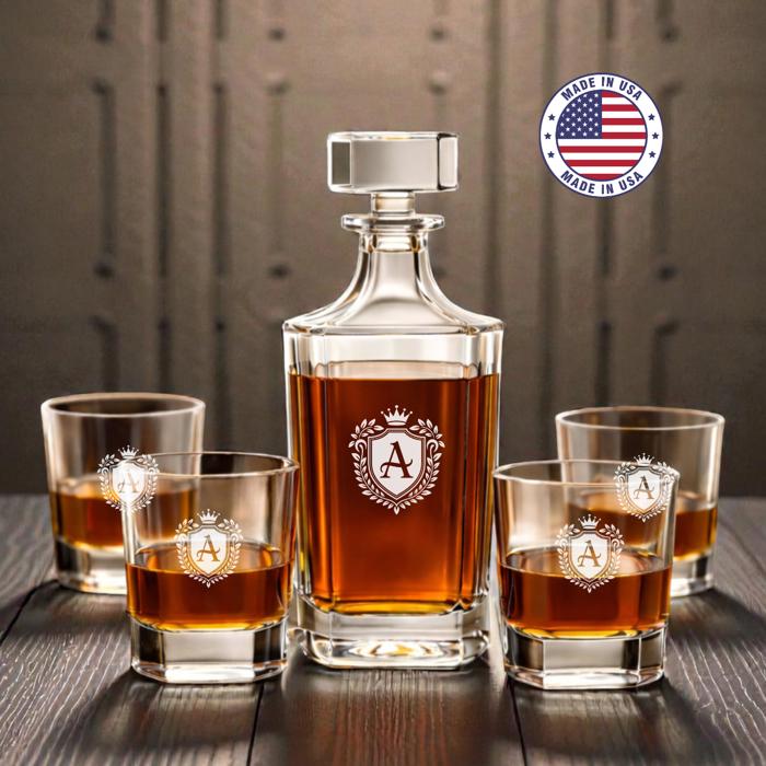 Personalized Whiskey Decanter Set | Custom Engraved Square Decanter with 4 Rocks Glasses | Valentine's Day Gift