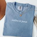 Small Blue Jean Coffee & Jesus Christian Faith Oversized Comfort Colors Graphic T-Shirt