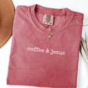 Small Crimson Coffee & Jesus Christian Faith Oversized Comfort Colors Graphic T-Shirt