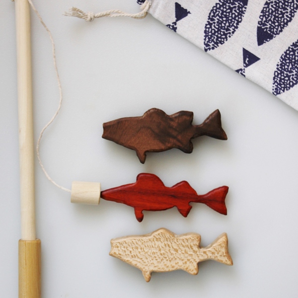 Wooden Fishing Pole with 3 Fish!