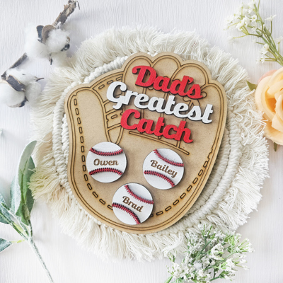 Personalized Baseball Sign | Dad's Greatest Catch | Father's Day Gift | Kids Name Wood Sign | Gifts For Him