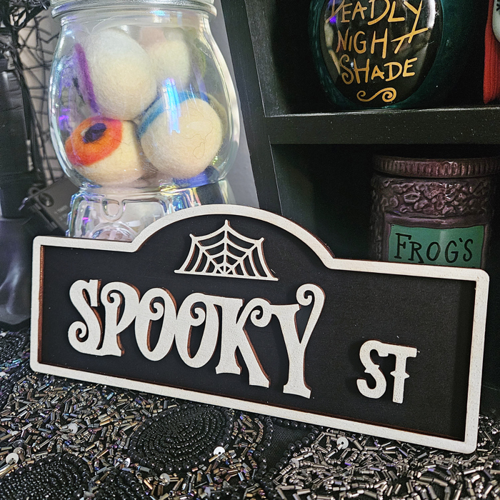 Halloween Street Sign Wood Home Decor | Halloween Table Decor | Tiered Tray Sign | Spooky Shelf Sitter