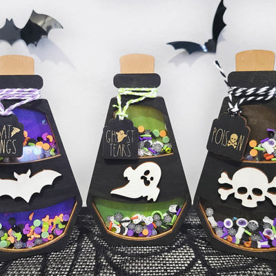 Halloween Potion Bottle Shaker Sign | Wood Halloween Decor | Poison Halloween Holiday Decor | Tiered Tray Tabletop Decor
