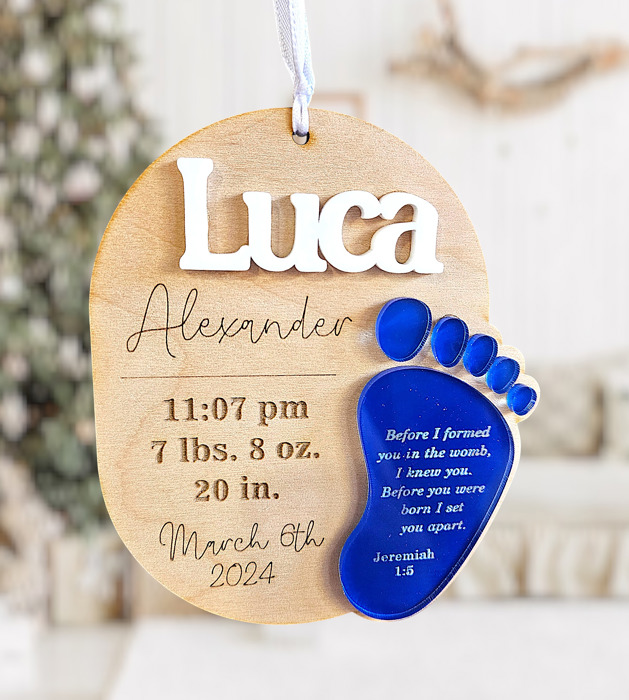 Personalized Baby First Christmas Footprint Ornament, Newborn Stats