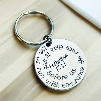 Hand engraved Hebrews 12:1 keychain Let us run with Endurance the race that is set before us 