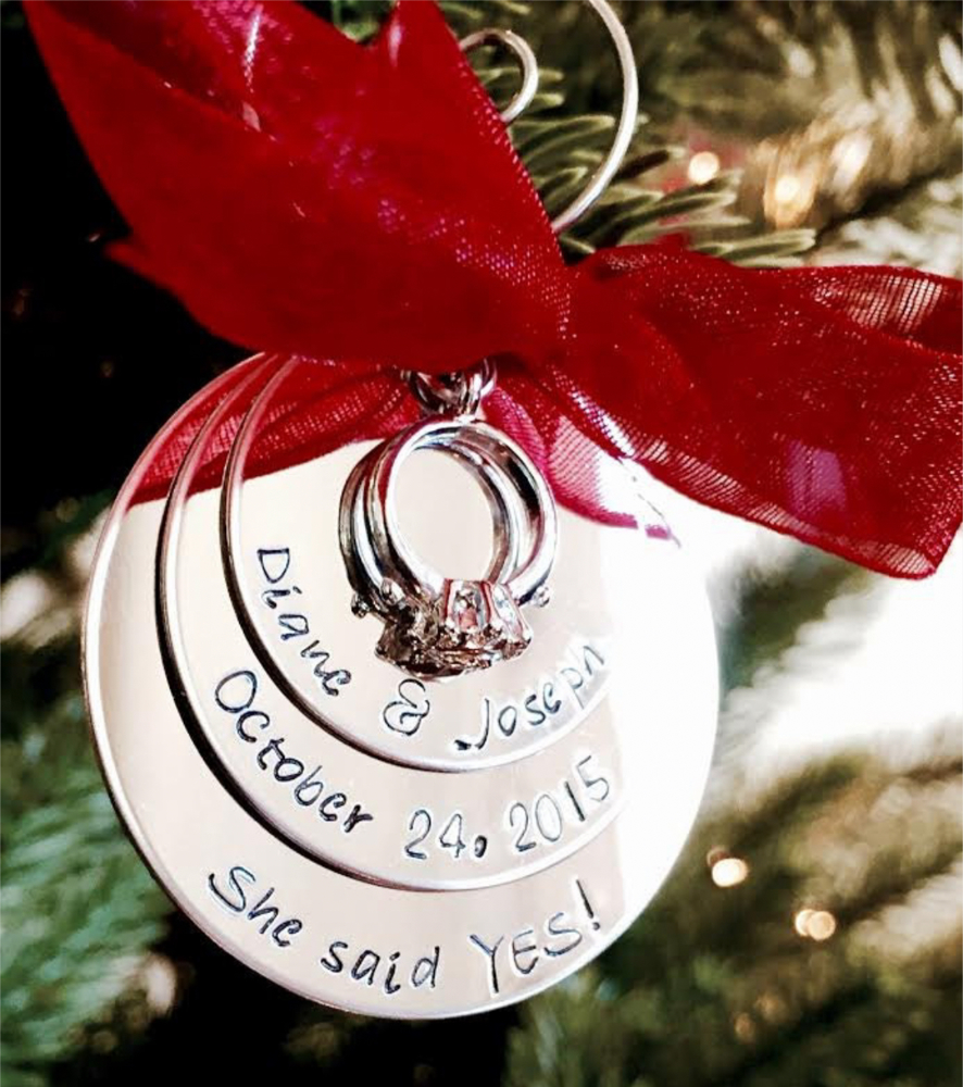 Custom engagement ornament personalized engagement gift with couples names and engagement date 