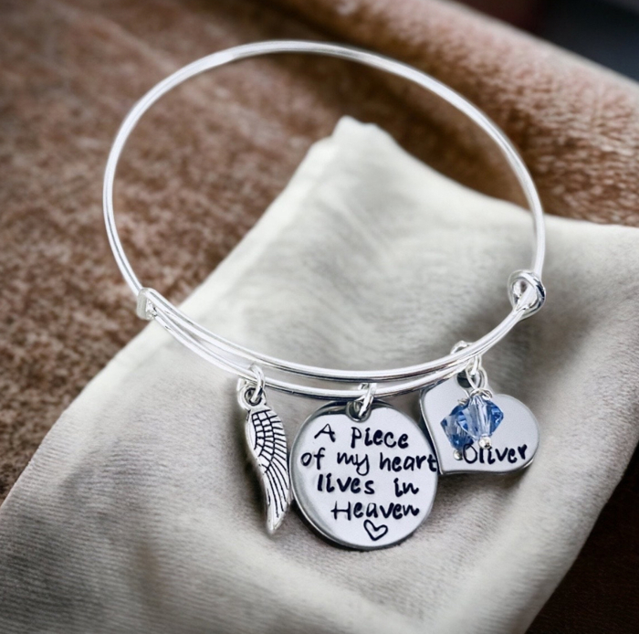 A piece of my heart lives in heaven bangle bracelet custom bangle bracelet loss of a loved on loss of a parent pregnancy loss faith sale