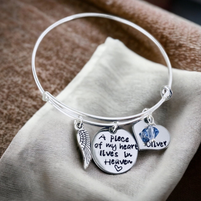 A piece of my heart lives in heaven bangle bracelet custom bangle bracelet loss of a loved on loss of a parent pregnancy loss faith sale