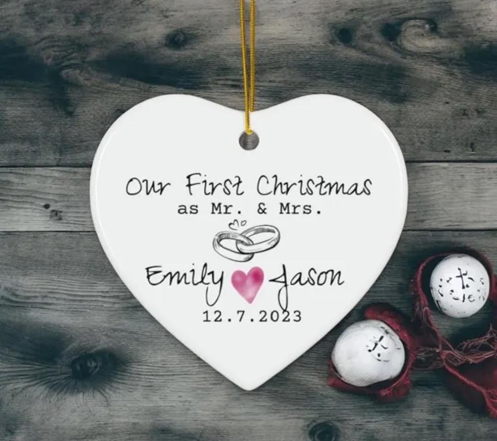 Personalized first Christmas married ornament with bride and groom names wedding date ornament anniversary ornament custom wording