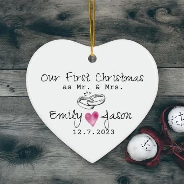 Personalized first Christmas married ornament with bride and groom names wedding date ornament anniversary ornament custom wording