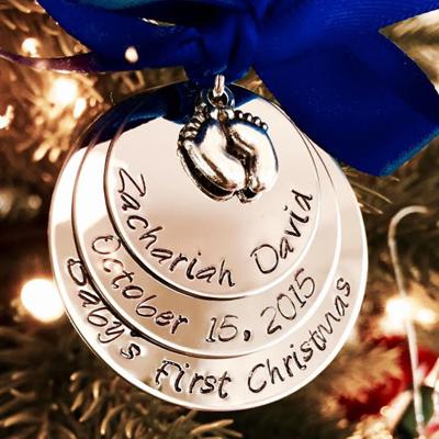 Personalized Baby's First Christmas Ornament with Baby Feet Charm