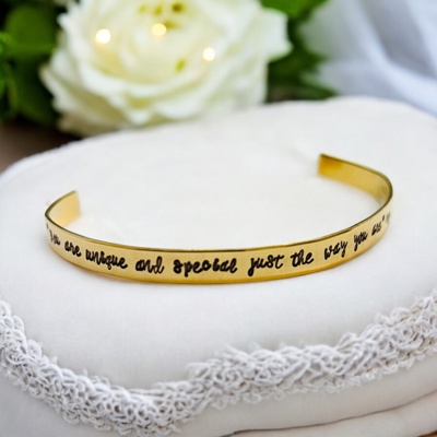 You are unique and special just the way you are Personalized cuff bracelet with custom saying hand stamped engraved monogrammed jewelry 