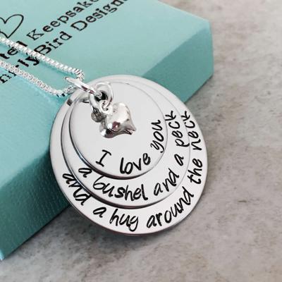 I love you a bushel and a peck hand stamped necklace with heart charm