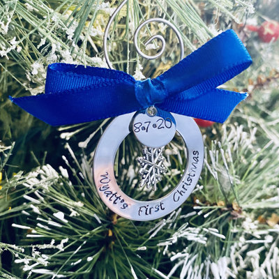 Personalized first Christmas ornament with snowflake charm and birthdate