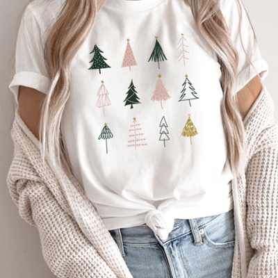Pink & Gold Christmas Trees Graphic Tee, Bella Canvas