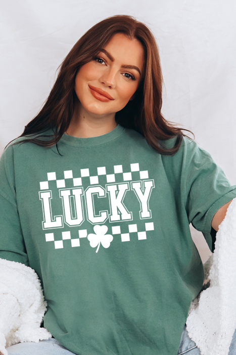 Lucky Checkered Tee, Comfort Color, St Patty's Day Tee, Relaxed Fit Shirt