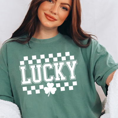 Lucky Checkered Tee, Comfort Color, St Patty's Day Tee, Relaxed Fit Shirt