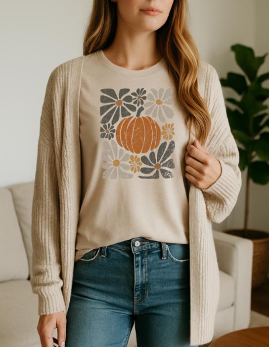 Pumpkin Floral Graphic Tee, Fall Shirt