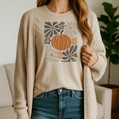 Pumpkin Floral Graphic Tee, Fall Shirt