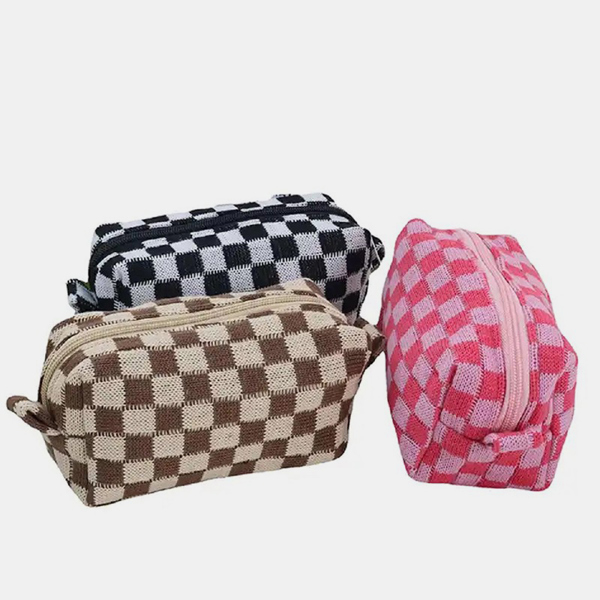 Checkered Pattern Knitted Cosmetic Pouch