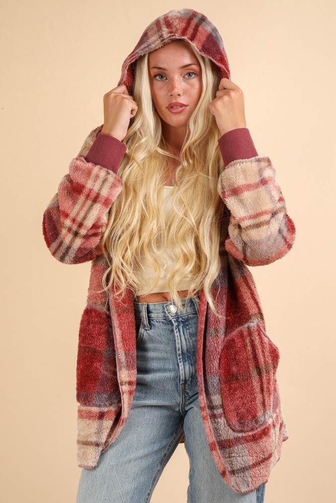 Mauve Fuzzy Plaid Long Sleeve Hooded Jacket