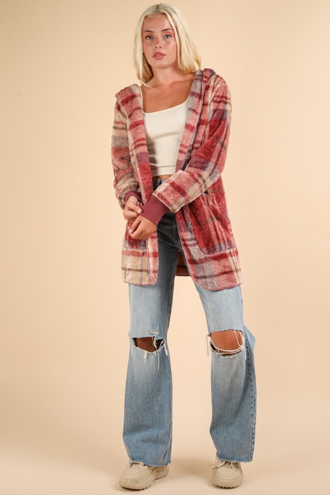 Mauve Fuzzy Plaid Long Sleeve Hooded Jacket