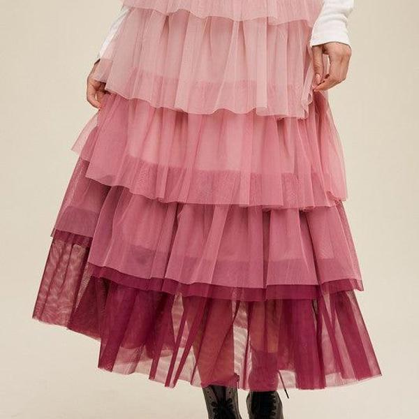 Gradient Style Tiered Mesh Maxi Skirt