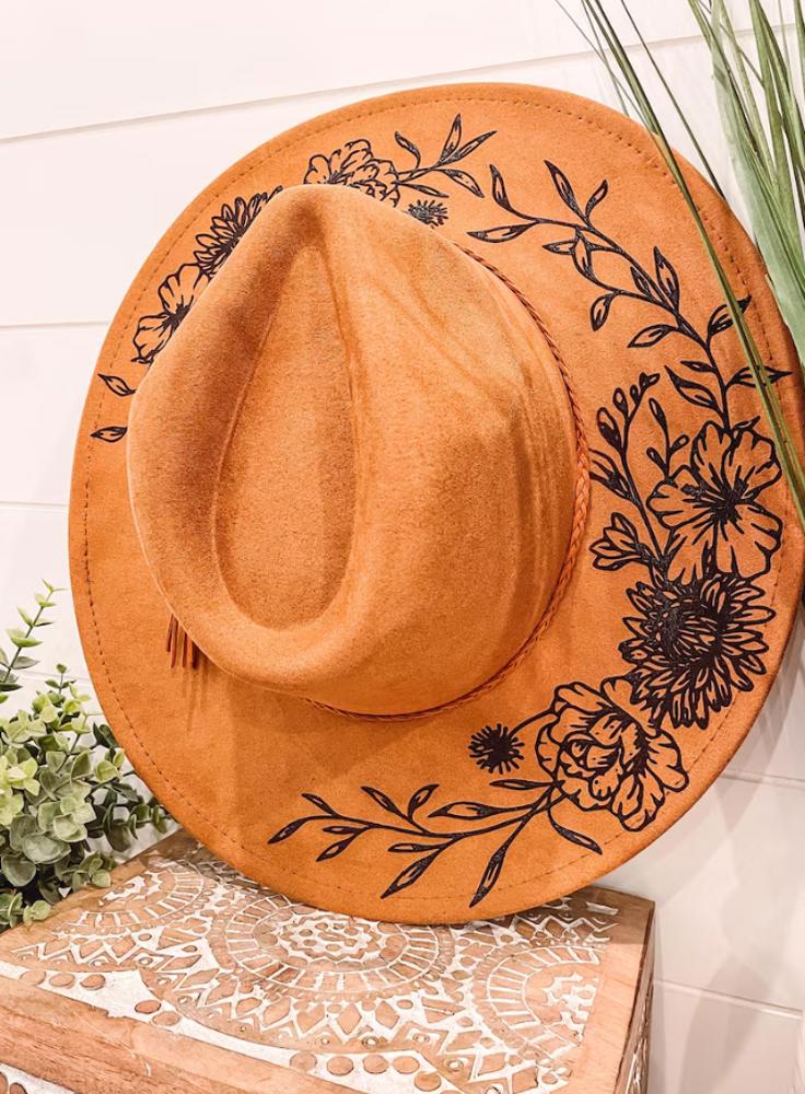 Floral burned hat - triple flower design, Burned Hat, Floral Engraved Cowboy Hat, Sunflower Hat, Sunflower Burned Fedora, Engraved Suede Hat