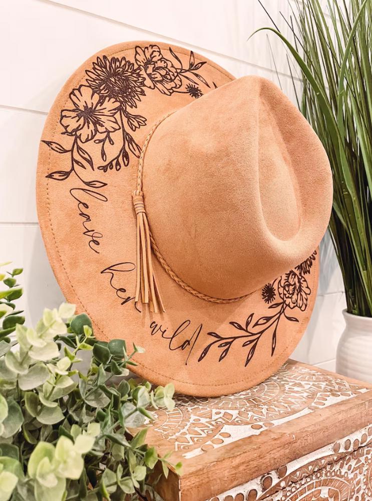 Floral burned hat - triple flower design, Burned Hat, Floral Engraved Cowboy Hat, Sunflower Hat, Sunflower Burned Fedora, Engraved Suede Hat