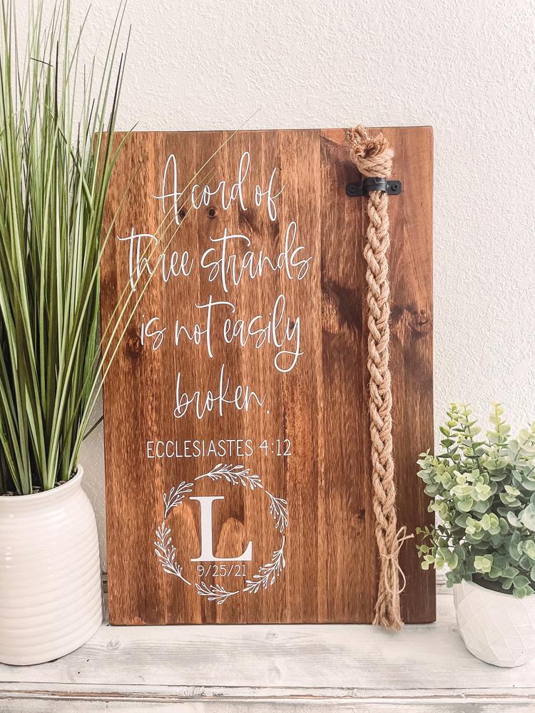 A Cord Of Three Strands Sign, A Cord of 3 Strands, Ecclesiastes 4:9-12, Wedding Ceremony Sign, Unity Ceremony Sign, Rustic Wedding Gift