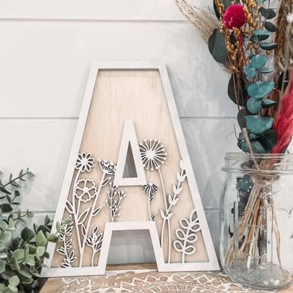 Wildflower Letter, Flower Initial, Floral Nursery Decor, Boho Decor, Floral Baby Name Sign, Floral Letter, Floral Initial, Rattan Letter