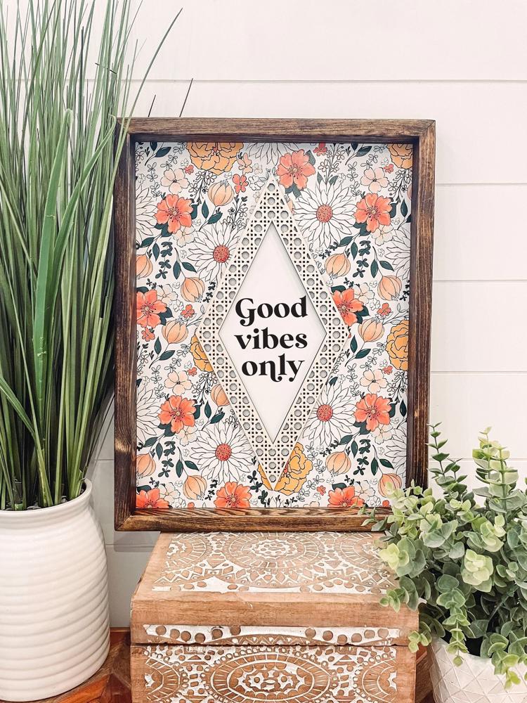 Good Vibes Only Wooden Framed Sign, Unique Wall Decor, Rattan Wall Hanging, Quote Sign, Floral Home Decor, Inspirational Quote Sign