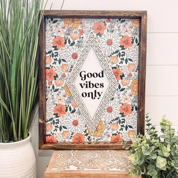 Good Vibes Only Wooden Framed Sign, Unique Wall Decor, Rattan Wall Hanging, Quote Sign, Floral Home Decor, Inspirational Quote Sign