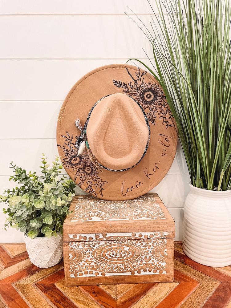 Leave Her Wild Floral Burned Hat, Floral Engraved Cowboy Hat, Sunflower Hat, Sunflower Burned Fedora, Engraved Felt Hat, Boho Hat