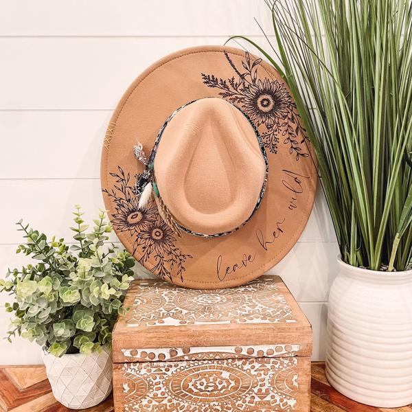 Leave Her Wild Floral Burned Hat, Floral Engraved Cowboy Hat, Sunflower Hat, Sunflower Burned Fedora, Engraved Felt Hat, Boho Hat