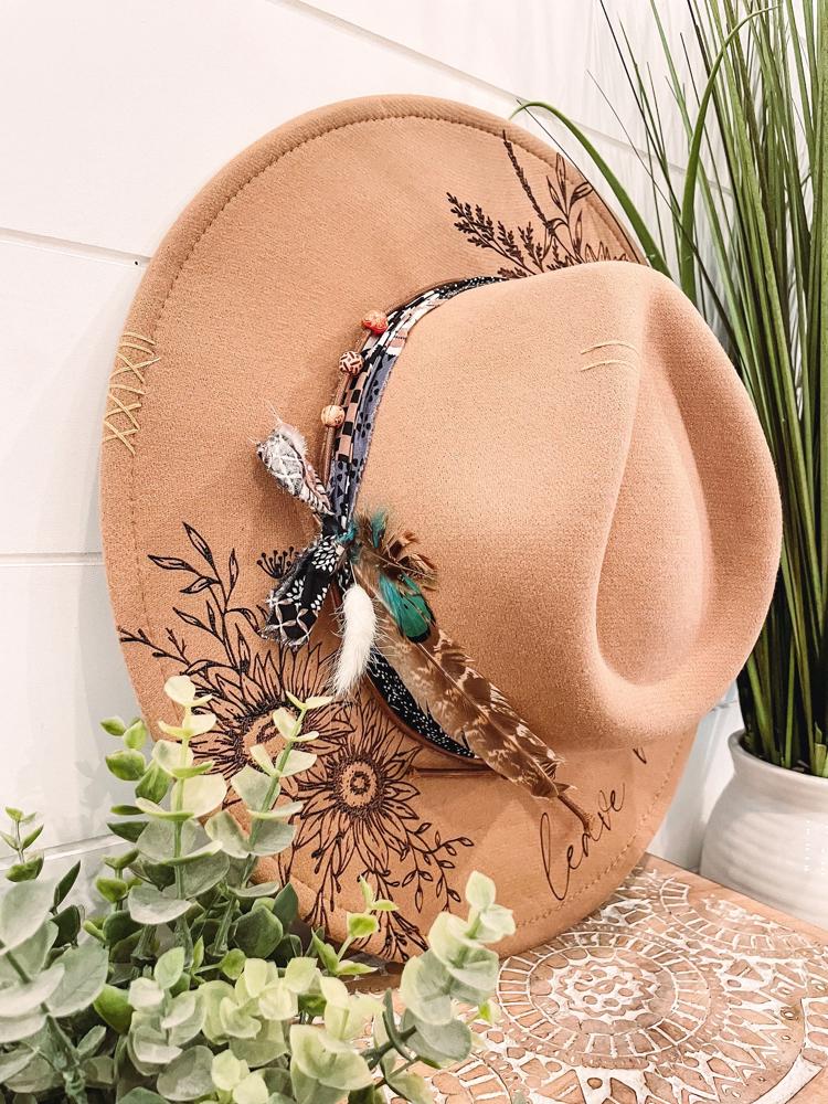 Leave Her Wild Floral Burned Hat, Floral Engraved Cowboy Hat, Sunflower Hat, Sunflower Burned Fedora, Engraved Felt Hat, Boho Hat