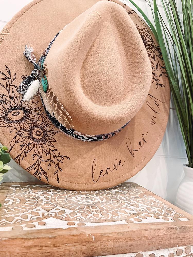 Leave Her Wild Floral Burned Hat, Floral Engraved Cowboy Hat, Sunflower Hat, Sunflower Burned Fedora, Engraved Felt Hat, Boho Hat