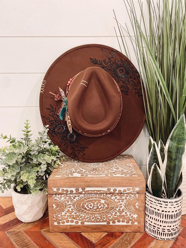 Leave Her Wild Floral Burned Hat, Floral Engraved Cowboy Hat, Sunflower Hat, Sunflower Burned Fedora, Engraved Felt Hat, Boho Hat