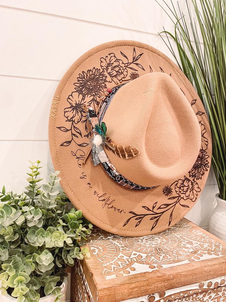 She's a Wildflower Floral Burned Hat, Floral Engraved Cowboy Hat, Sunflower Hat, She's a Wildflower Burned Fedora, Engraved Fedora, Engraved Felt Hat, Boho Hat