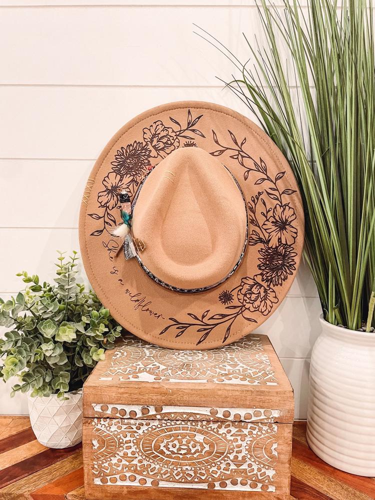 She's a Wildflower Floral Burned Hat, Floral Engraved Cowboy Hat, Sunflower Hat, She's a Wildflower Burned Fedora, Engraved Fedora, Engraved Felt Hat, Boho Hat