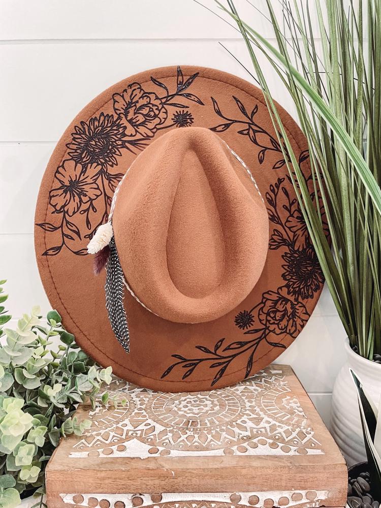 She is a Wildflower Aztec Band Hat, Floral Engraved Cowboy Hat, Sunflower Hat, Sunflower Burned Fedora, Engraved Fedora, Engraved Felt Hat, Boho Hat