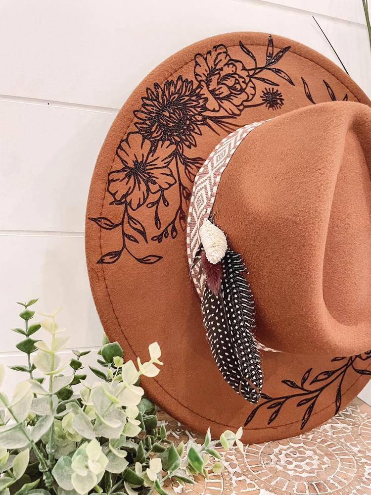 She is a Wildflower Aztec Band Hat, Floral Engraved Cowboy Hat, Sunflower Hat, Sunflower Burned Fedora, Engraved Fedora, Engraved Felt Hat, Boho Hat