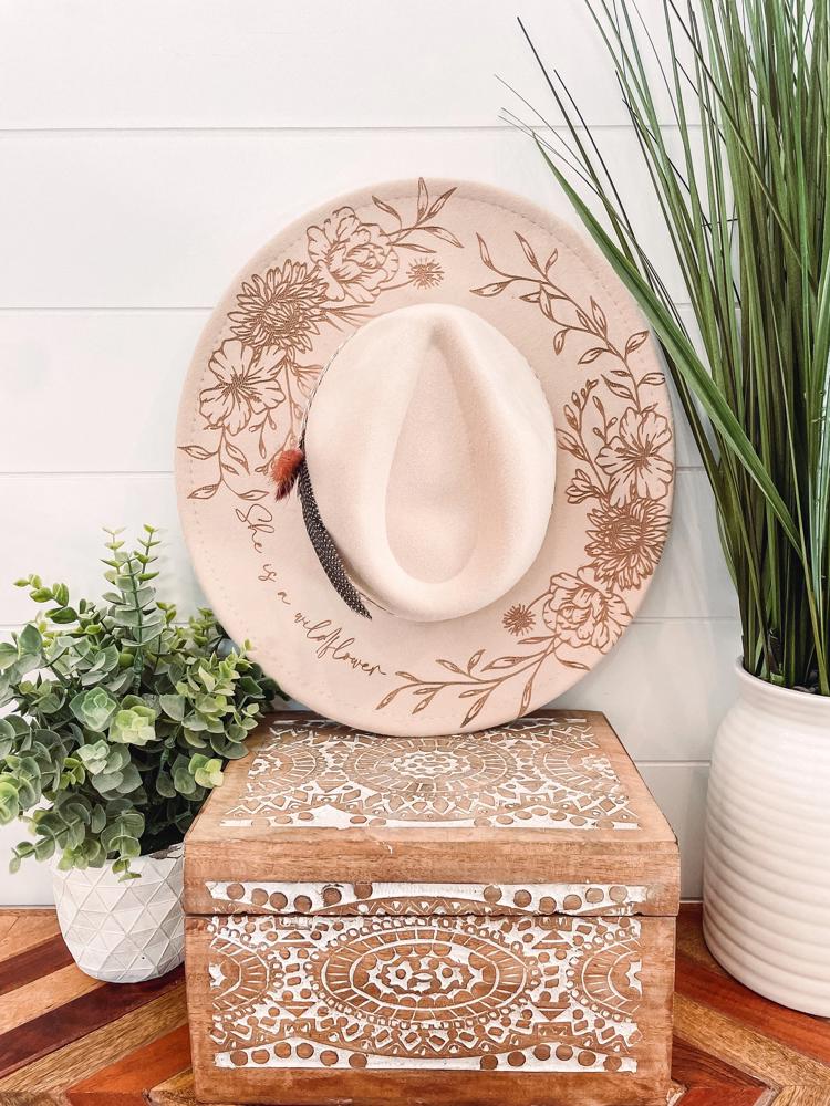 She is a Wildflower Aztec Band Hat, Floral Engraved Cowboy Hat, Sunflower Hat, Sunflower Burned Fedora, Engraved Fedora, Engraved Felt Hat, Boho Hat