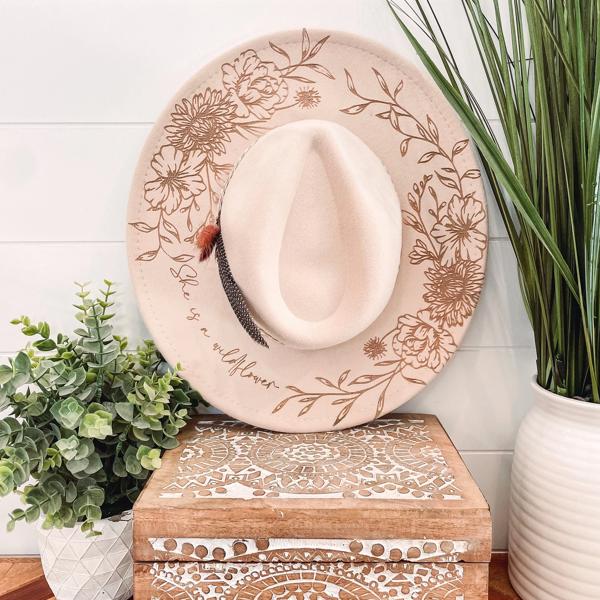 She is a Wildflower Aztec Band Hat, Floral Engraved Cowboy Hat, Sunflower Hat, Sunflower Burned Fedora, Engraved Fedora, Engraved Felt Hat, Boho Hat