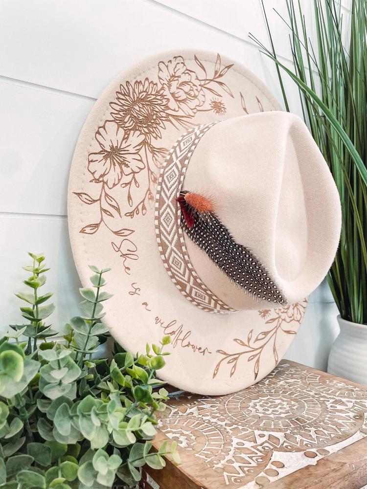 She is a Wildflower Aztec Band Hat, Floral Engraved Cowboy Hat, Sunflower Hat, Sunflower Burned Fedora, Engraved Fedora, Engraved Felt Hat, Boho Hat