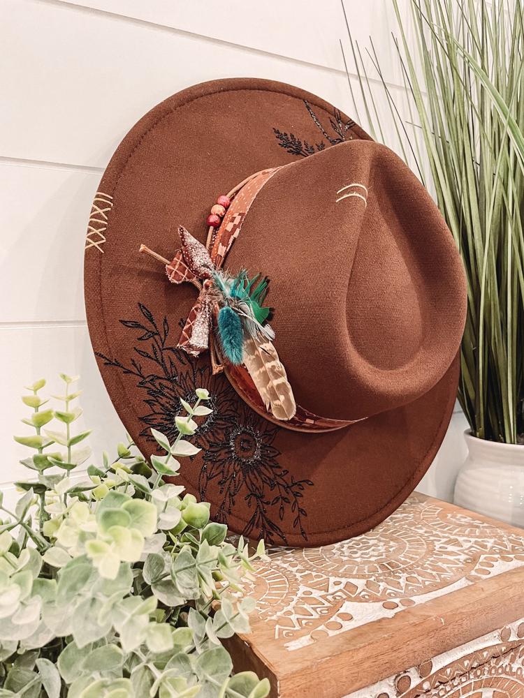 Leave Her Wild Floral Burned Hat, Floral Engraved Cowboy Hat, Sunflower Hat, Sunflower Burned Fedora, Engraved Felt Hat, Boho Hat