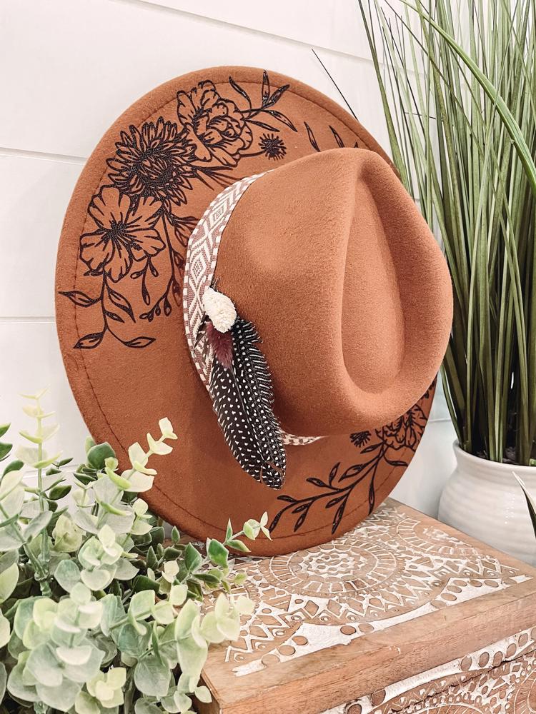 She is a Wildflower Aztec Band Hat, Floral Engraved Cowboy Hat, Sunflower Hat, Sunflower Burned Fedora, Engraved Fedora, Engraved Felt Hat, Boho Hat